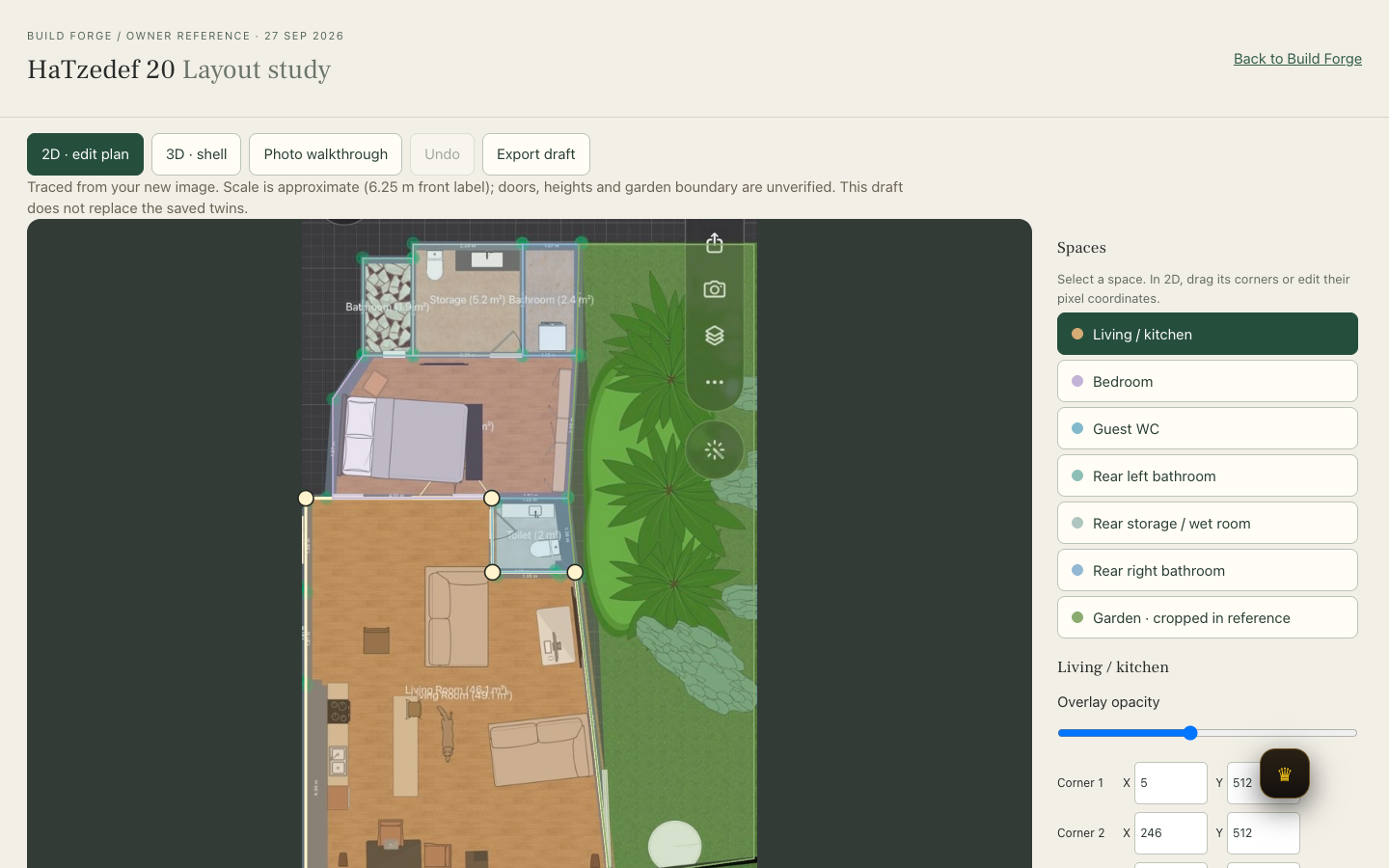 Owner plan traced into editable spaces